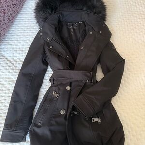 Calvin Klein Black Belted Coat with Fur Hood